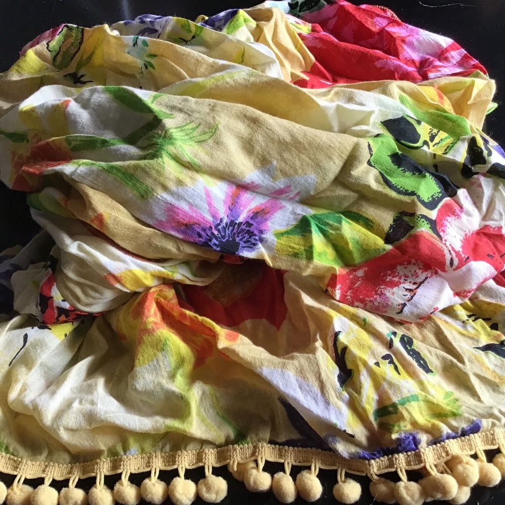 Colorful super fun summer scarf..with sweet baby pompoms..